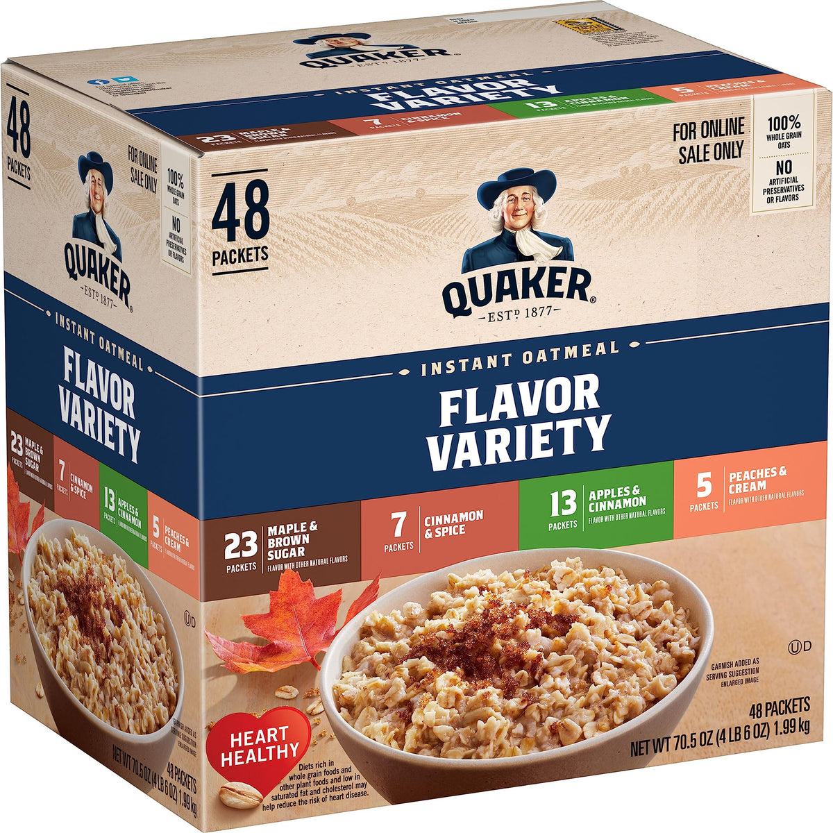 Quaker variety pack front label showing flavors and 48-count convenience