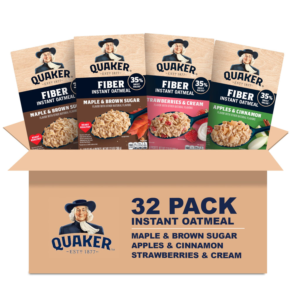 Quaker variety pack front view showing 32 single-serve packets and flavor labels for easy selection