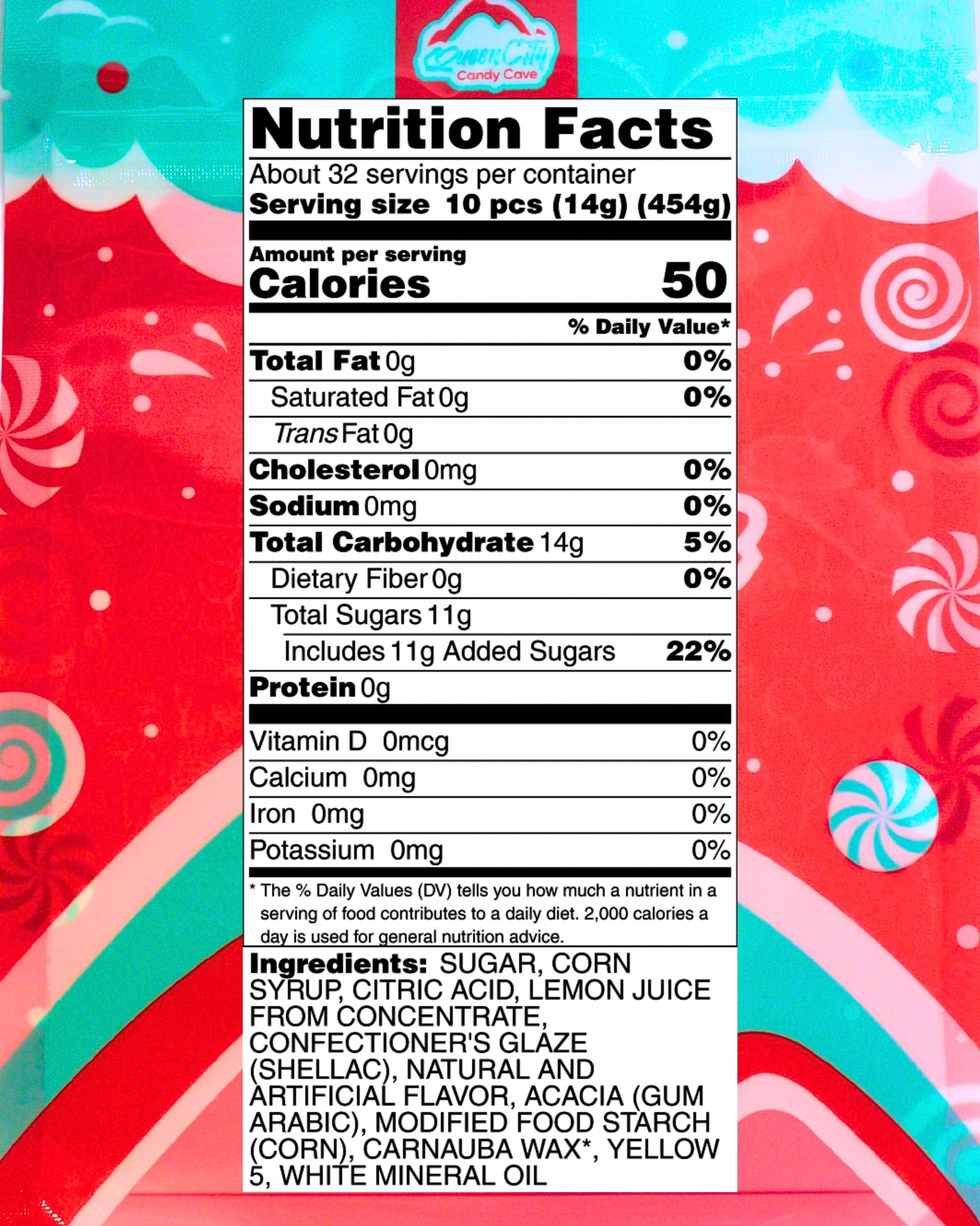 QUEEN CITY CANDY CAVE ingredient label showing real lemon juice and dietary notes