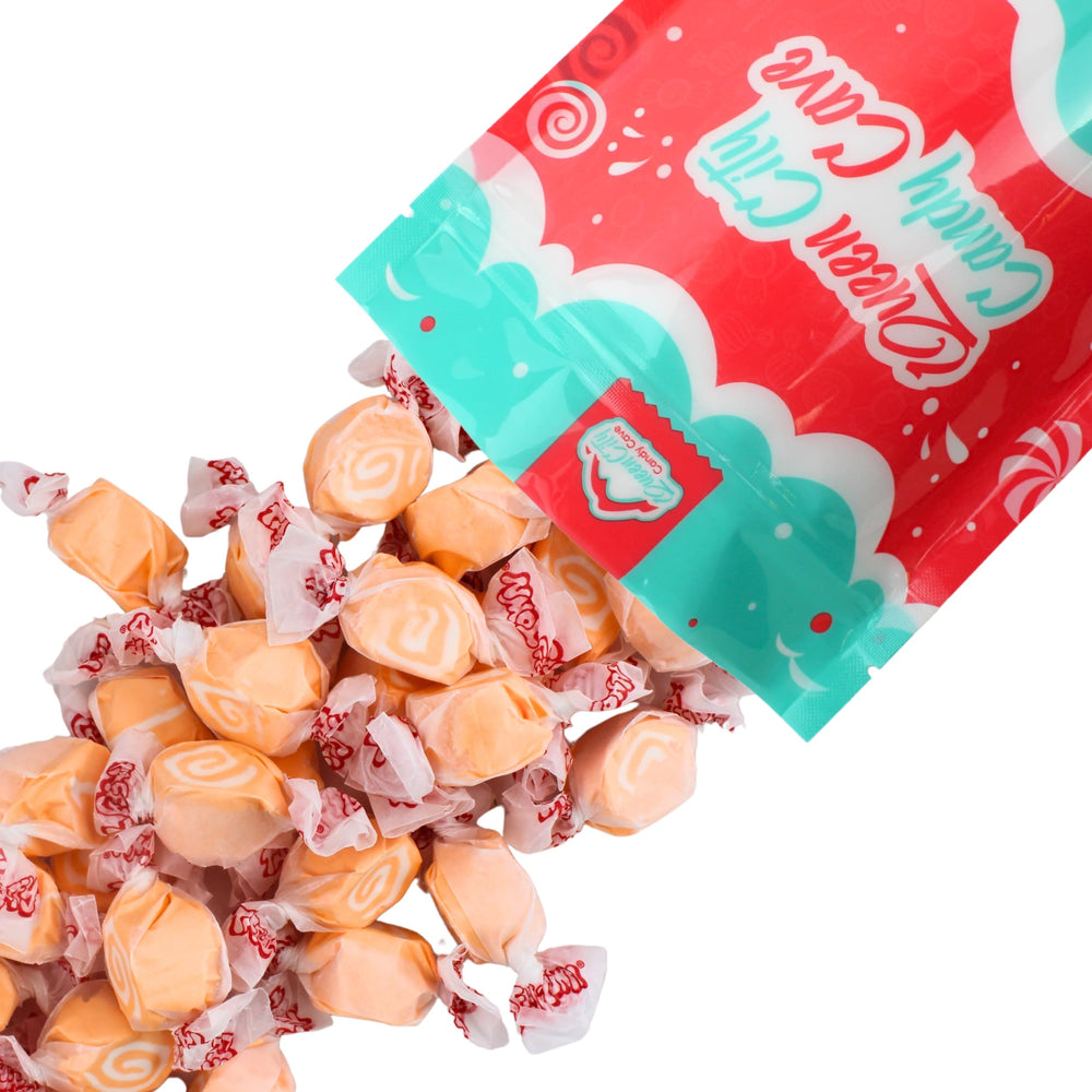QUEEN CITY CANDY CAVE close-up swirl shows orange and white colors and freshness