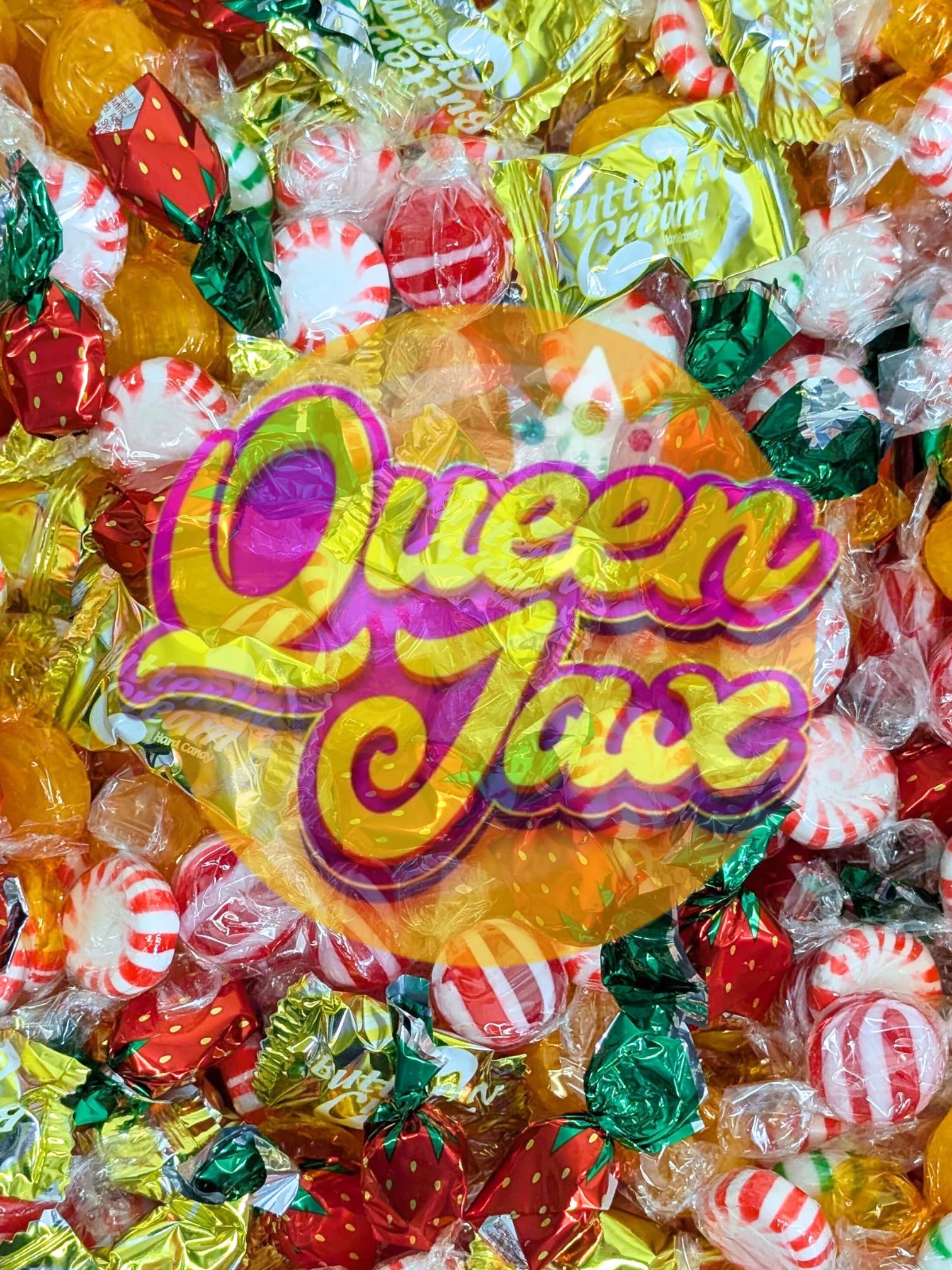 QUEEN JAX candy bowl display in a party setting inviting guests to grab treats