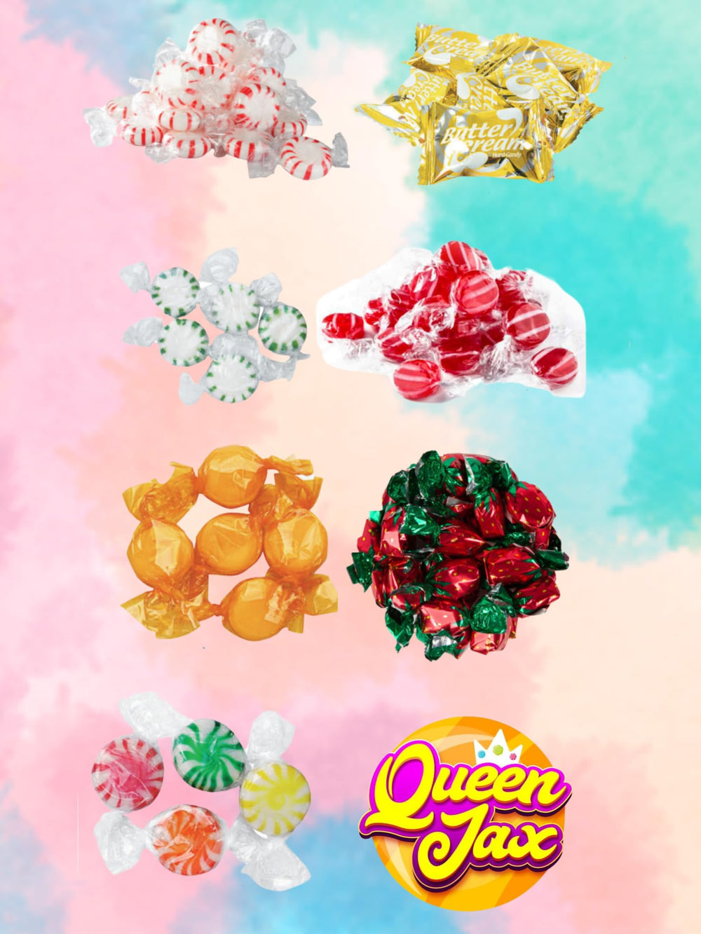 QUEEN JAX close-up of assorted hard candy textures highlighting flavor variety