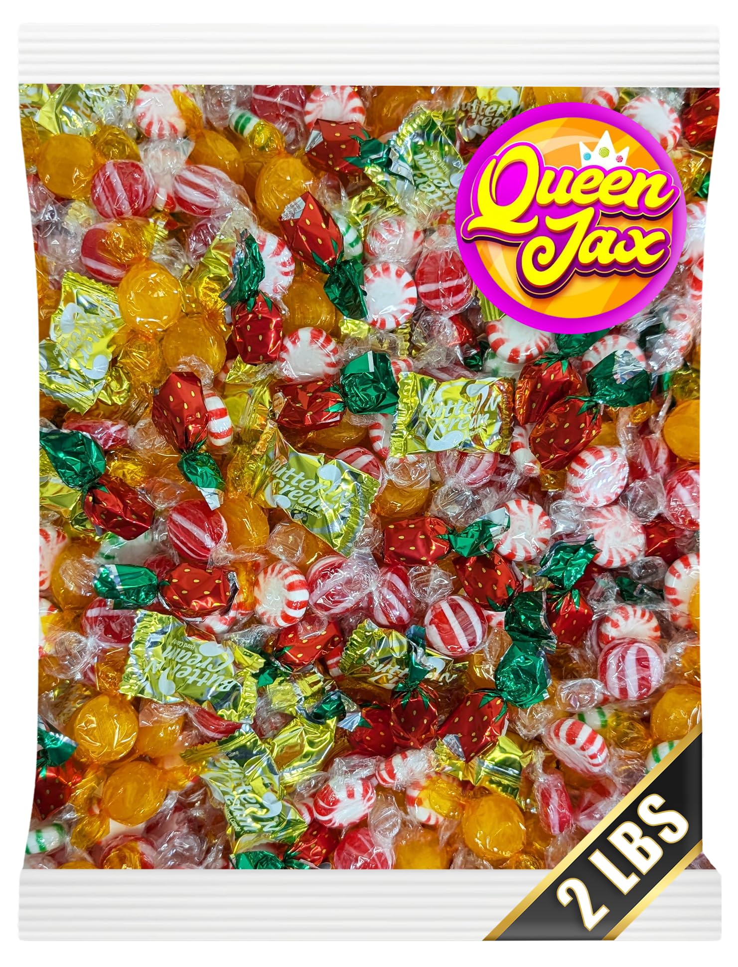 QUEEN JAX front packaging showing 2 lb bag and mixed hard candies for easy serving