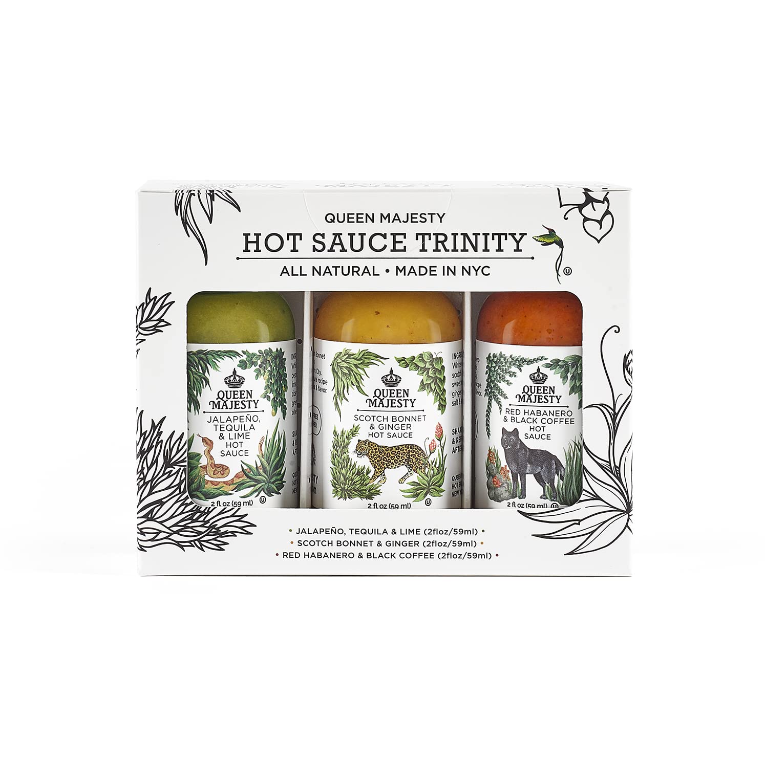 Queen Majesty sampler front packaging showing three 2oz bottles benefits tasting variety