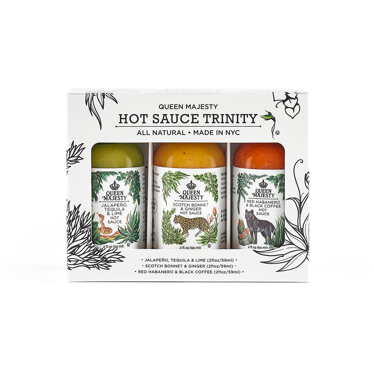 Queen Majesty sampler front packaging showing three 2oz bottles benefits tasting variety