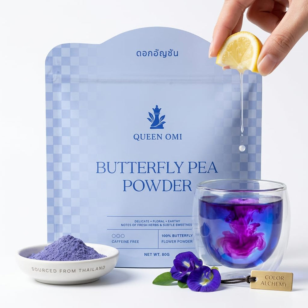 Queen Omi front packaging 80g showing organic blue powder and label benefit