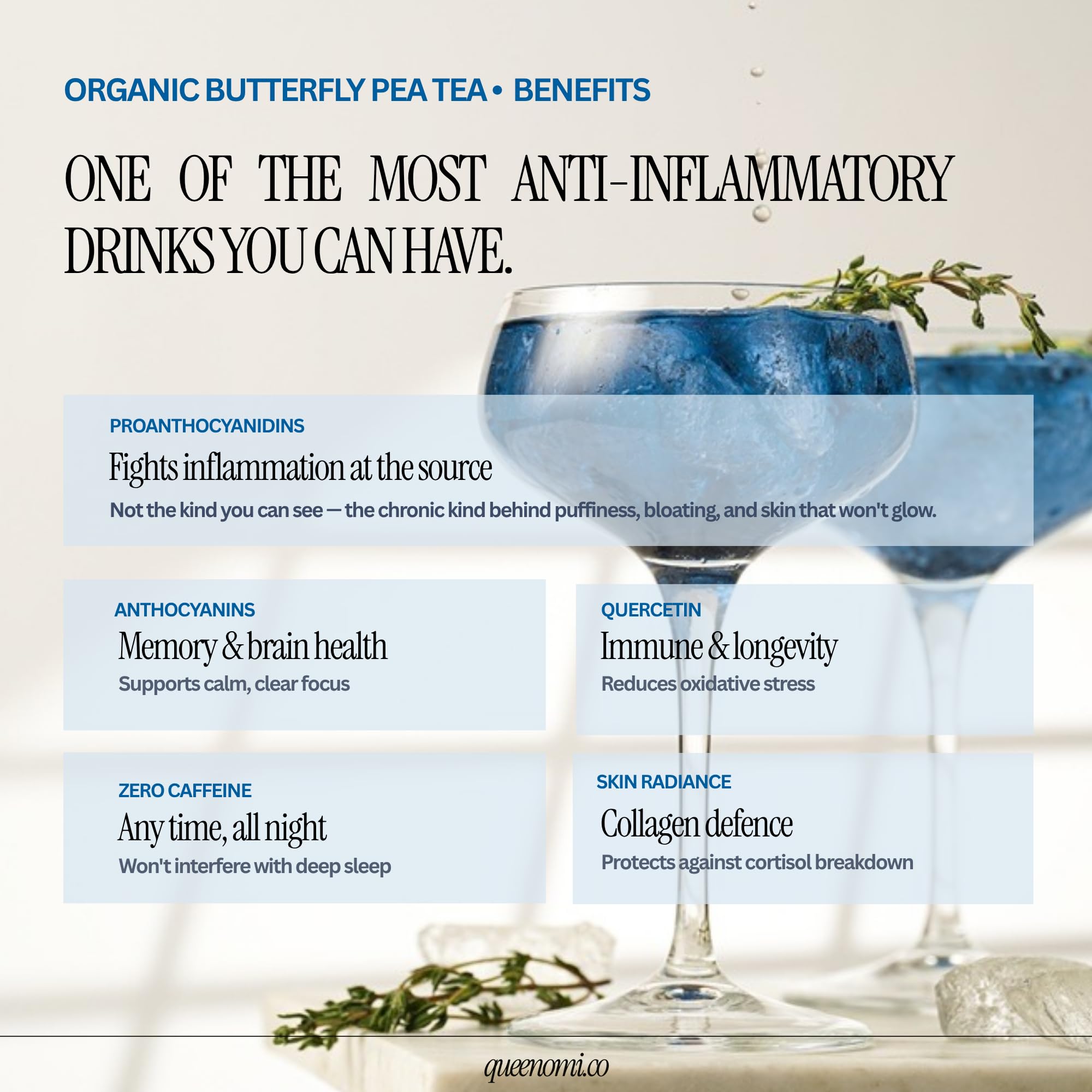 Queen Omi brewed tea in glass showcasing bright blue infusion and clarity