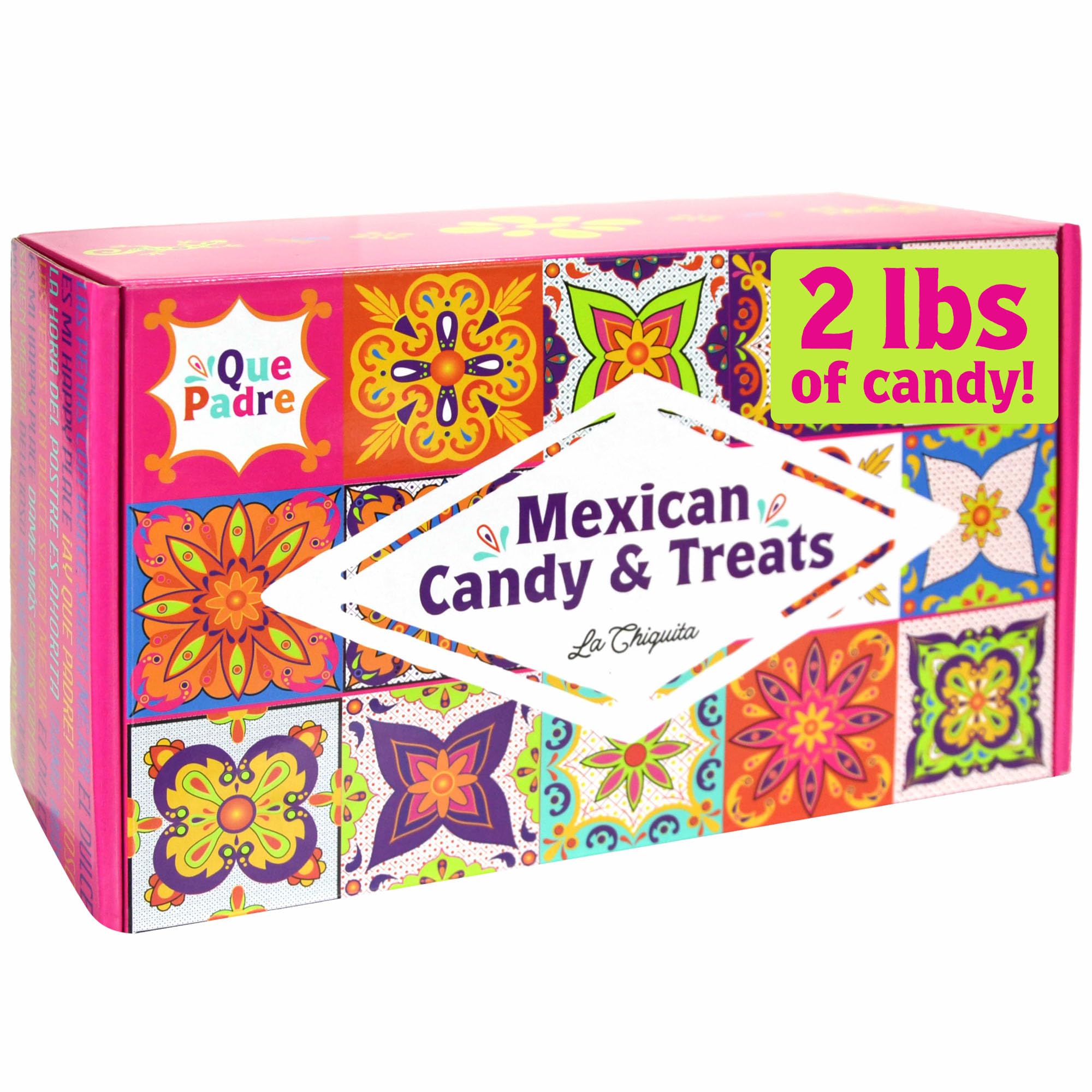 Que Padre front box showing colorful assorted candies and brand visibility
