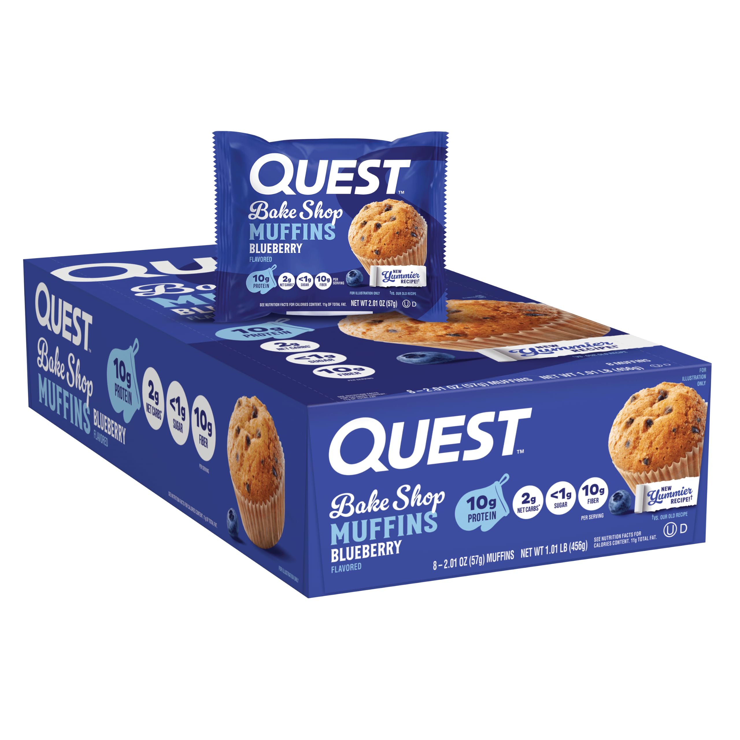 Quest front packaging showing an 8-count box and product branding benefits