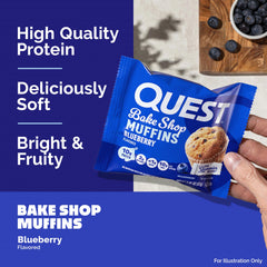Fresh blueberries next to a Quest muffin highlighting real fruit flavor and reduced sugar