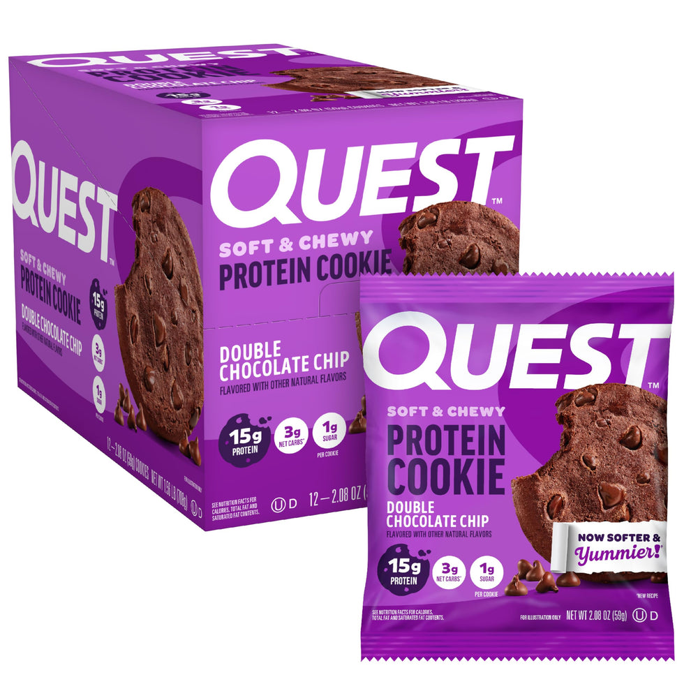 Quest box front view showing product and serving count, convenient storage benefit