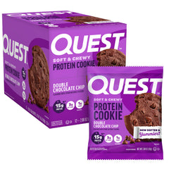 Quest box front view showing product and serving count, convenient storage benefit