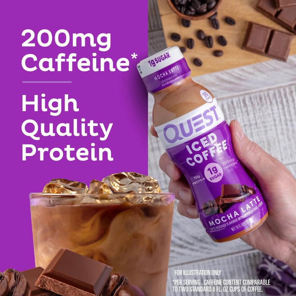 Quest mocha latte pouring into glass to show color and pourability benefit