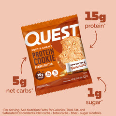 Quest close-up of cookie texture highlighting soft, chewy peanut butter bite for satisfaction