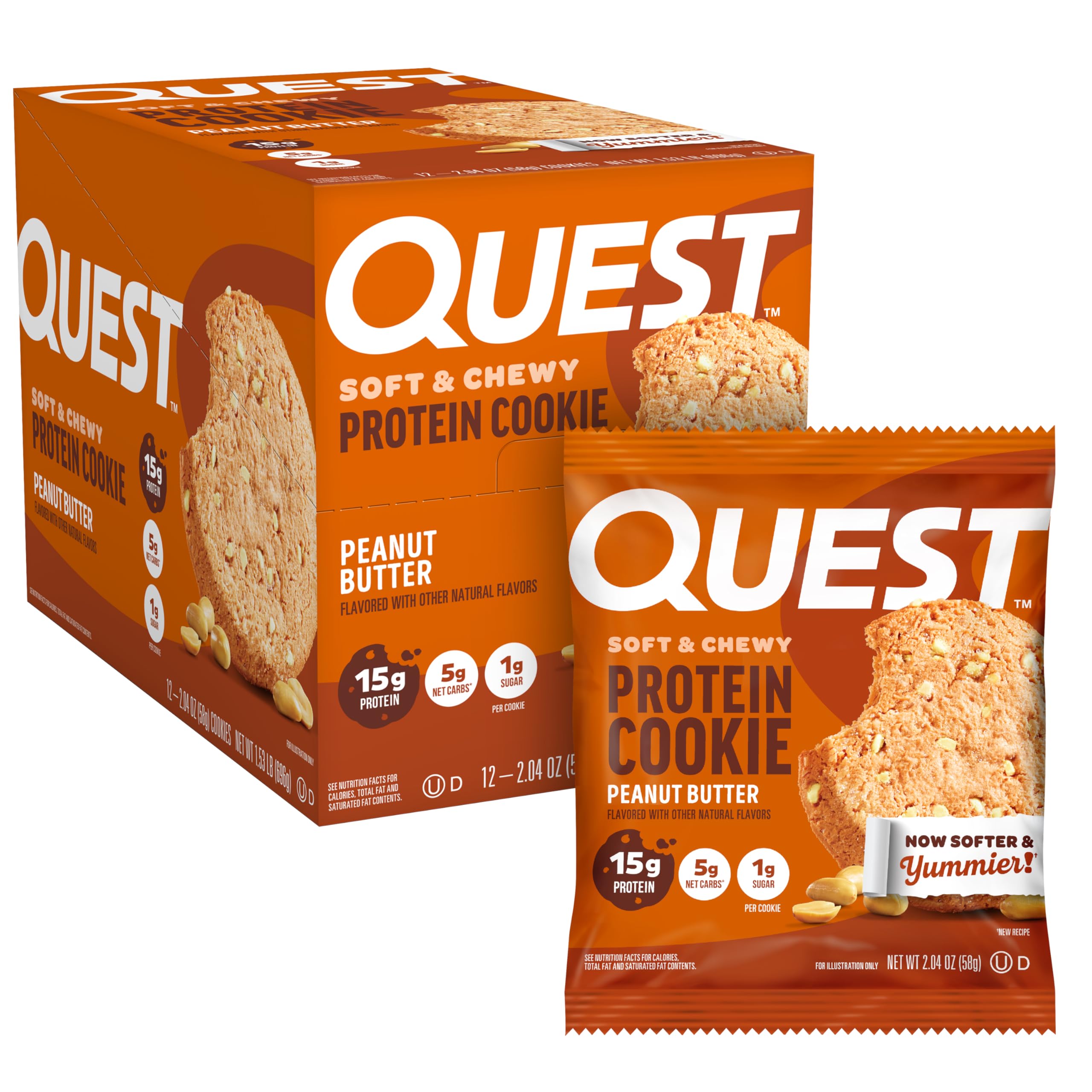 Quest front packaging of peanut butter protein cookie showing nutrition highlights and appeal