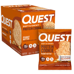 Quest front packaging of peanut butter protein cookie showing nutrition highlights and appeal