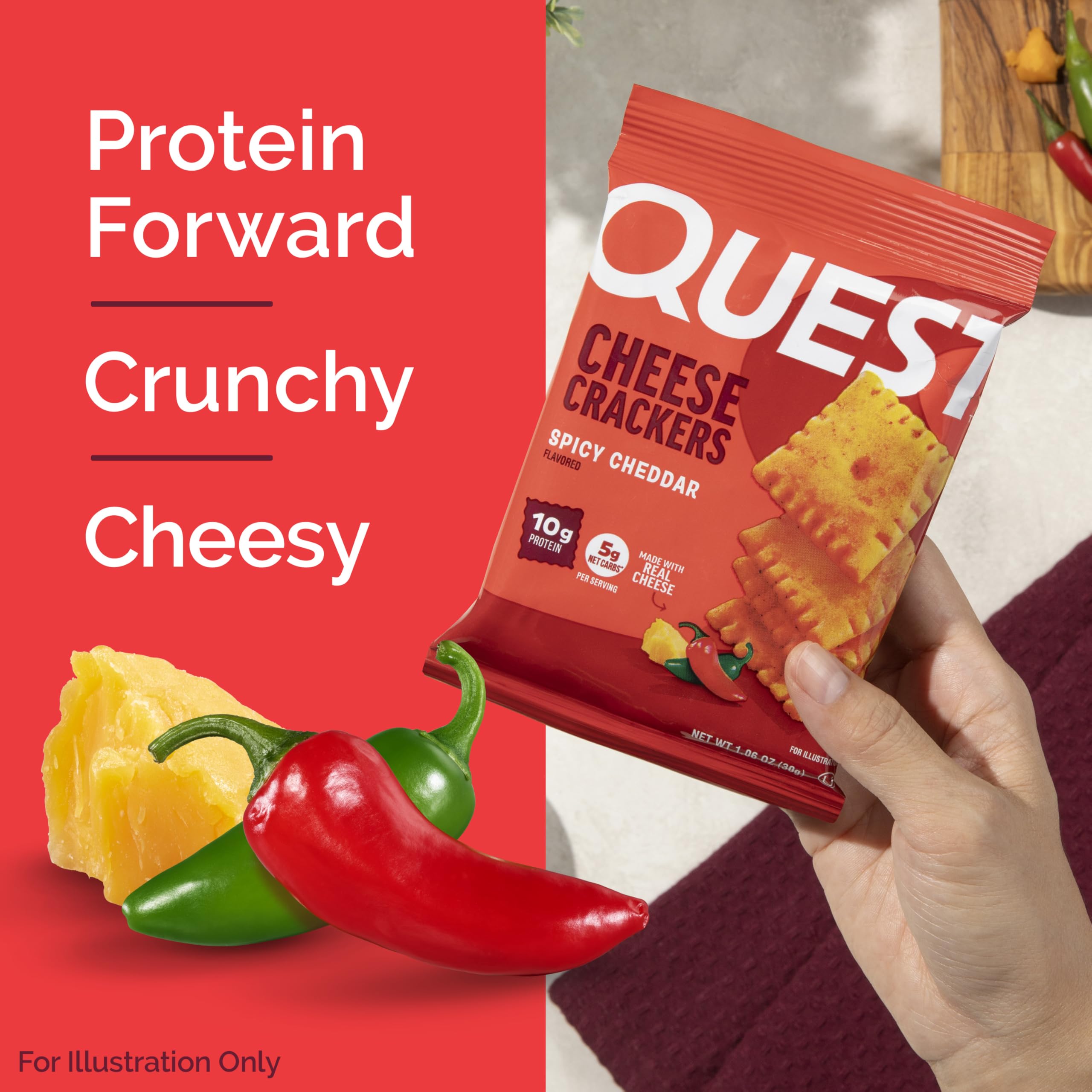 Quest close-up texture of cracker highlighting crisp crunch and spice