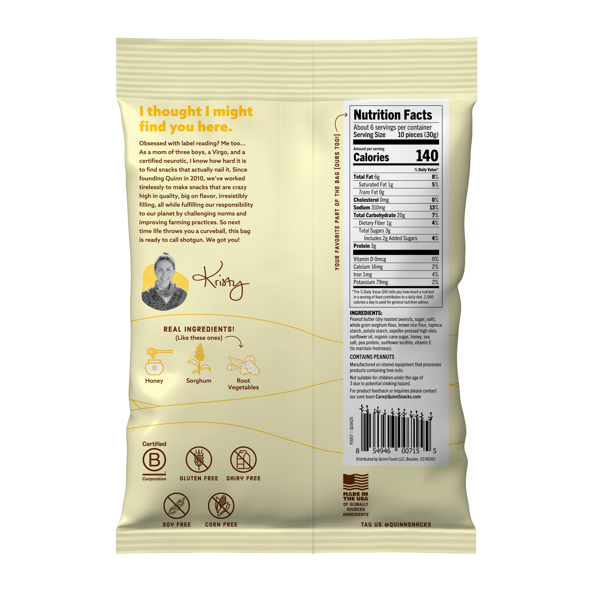 Open Quinn bag pouring out pretzel sticks for easy portable snacking