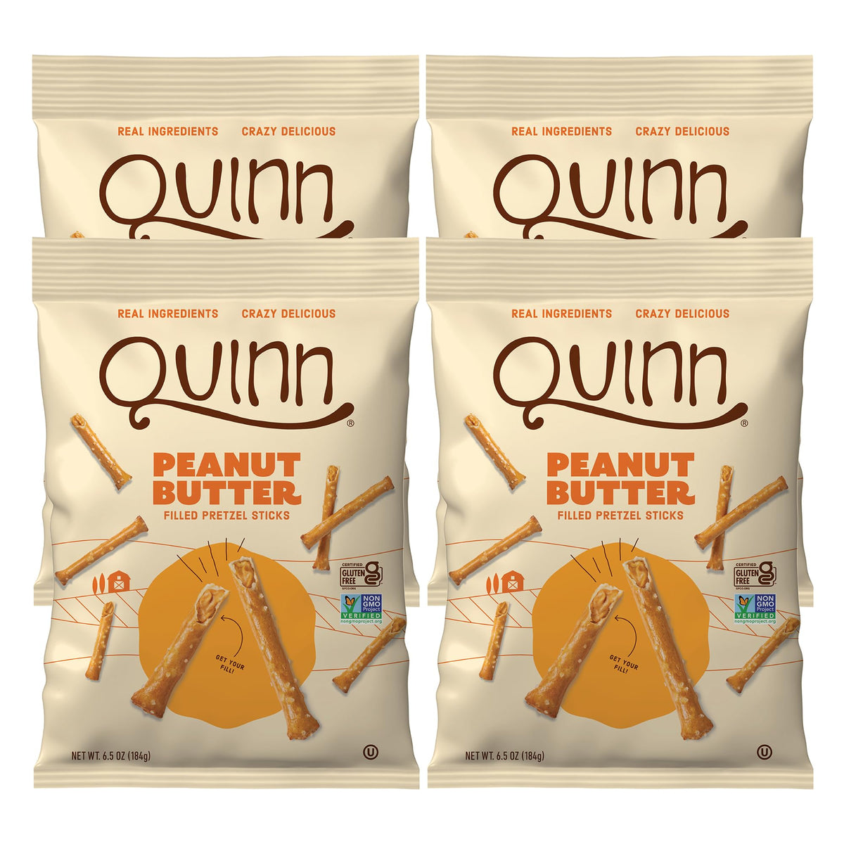 Quinn front packaging showing peanut butter filled pretzel sticks and benefits