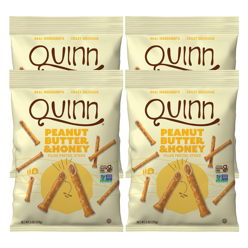Quinn front packaging showing peanut butter and honey filled pretzels and benefits