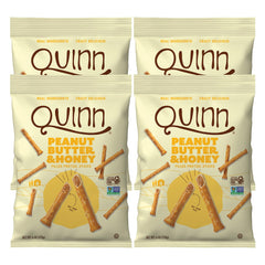 Quinn front packaging showing peanut butter and honey filled pretzels and benefits