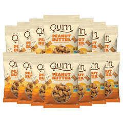 Quinn front packaging showing crunchy peanut butter filled pretzel nuggets and benefits