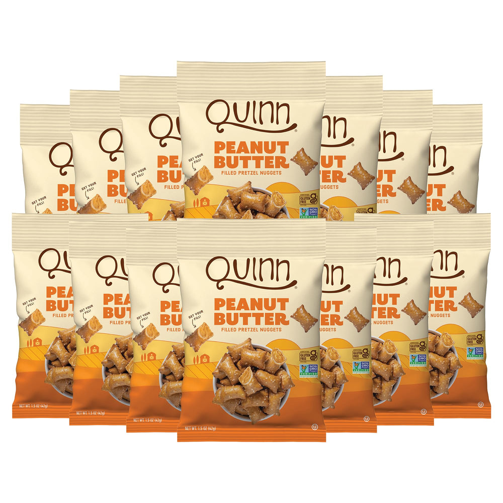 Quinn front pack showing vegan gluten-free claims and single-serve pouch benefit