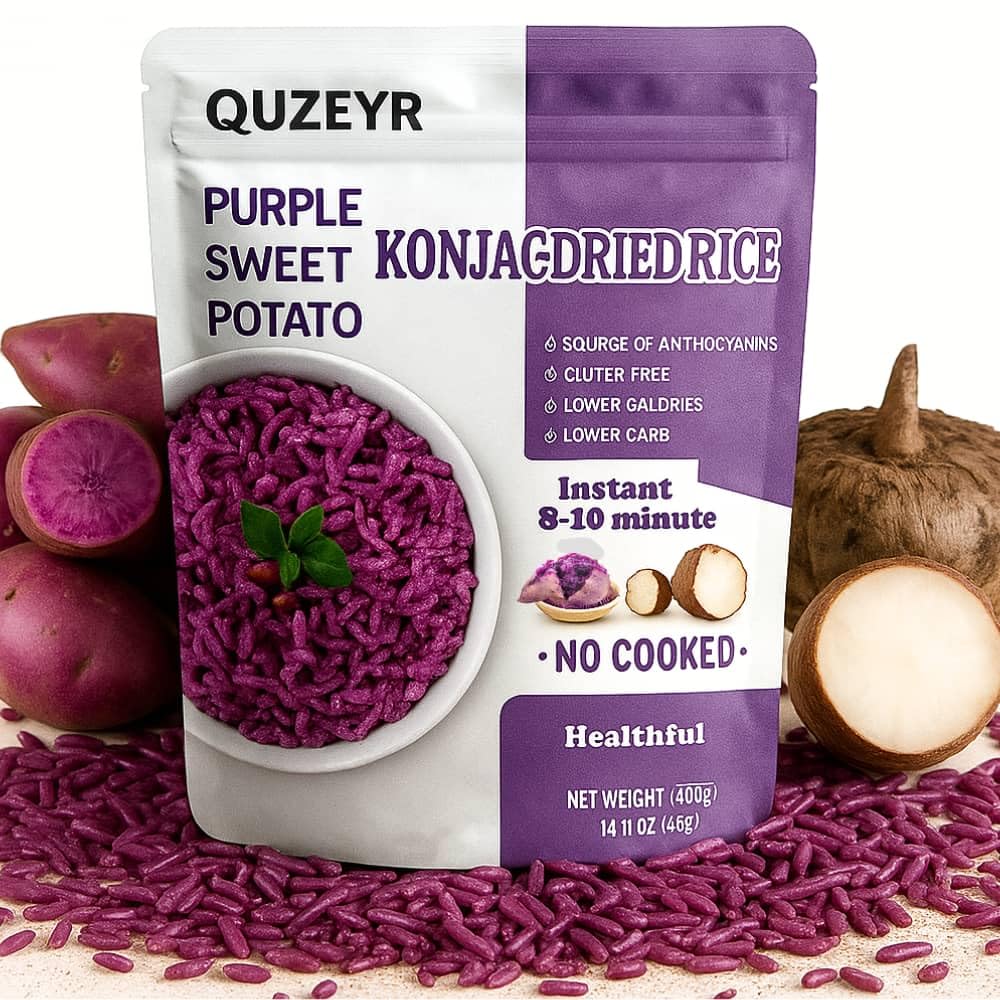 Quzeyr front packaging showing product name and vibrant purple rice benefits