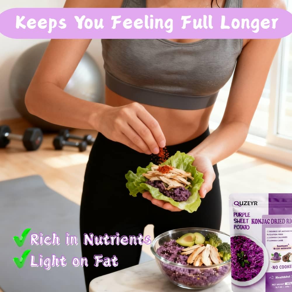 Quzeyr prepared purple shirataki rice in bowl illustrating low-carb meal option