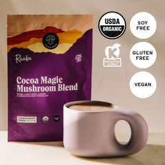 Raaka pouring Cocoa Magic into a mug illustrating easy preparation and creamy result