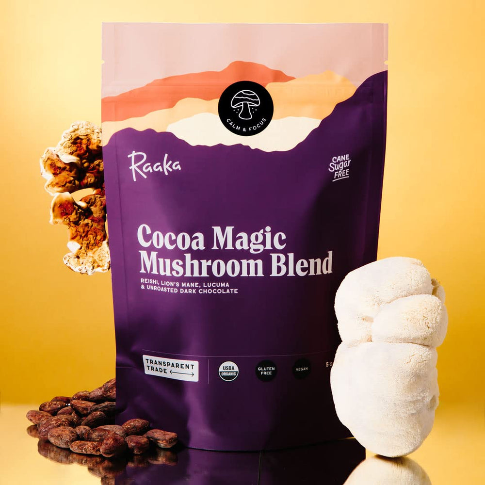 Raaka close-up of powder texture highlighting smooth unroasted cacao and mushroom blend benefit