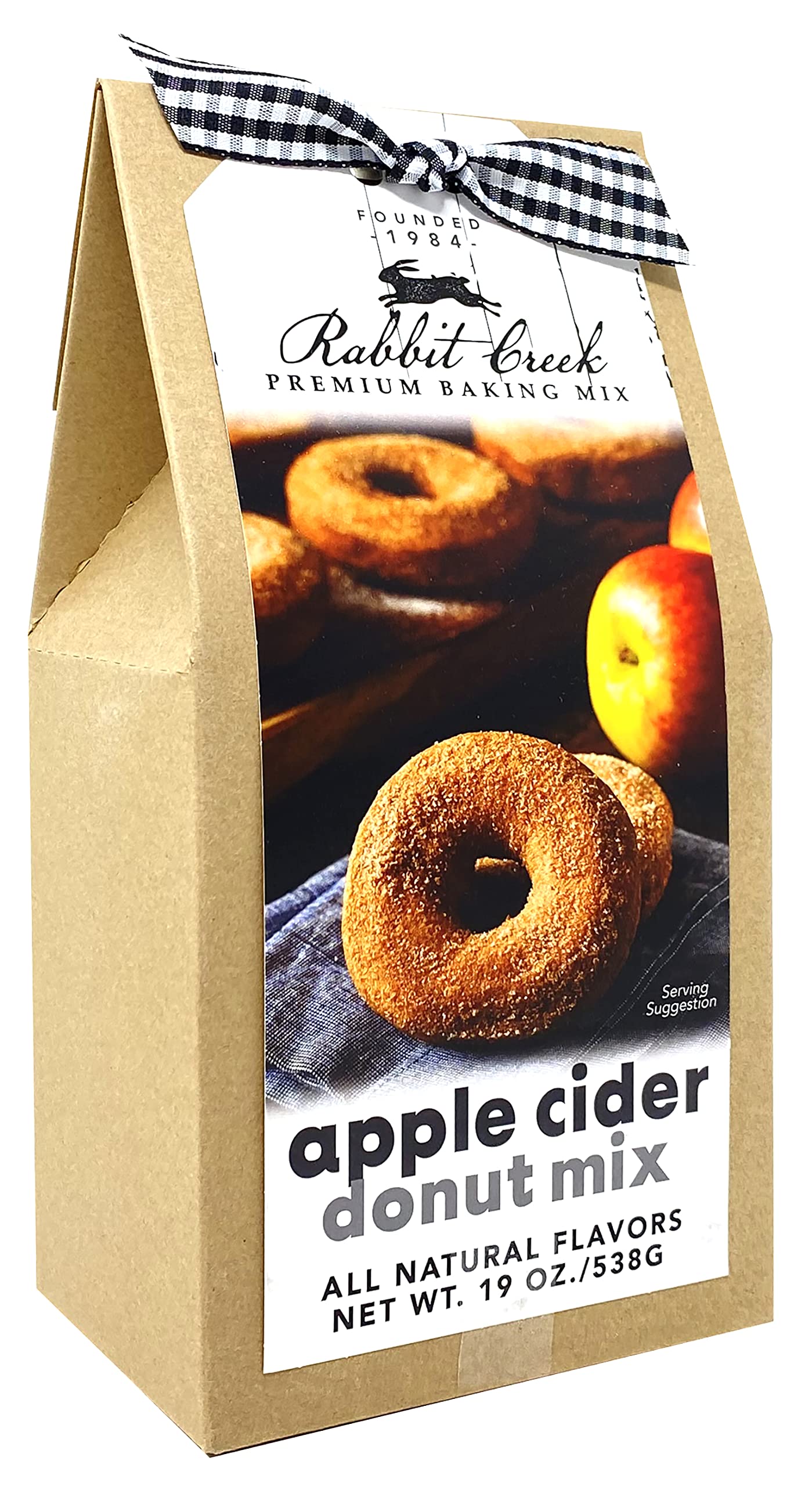 Rabbit Creek front box showing apple cider donut mix and included dusting packet benefits quick baking