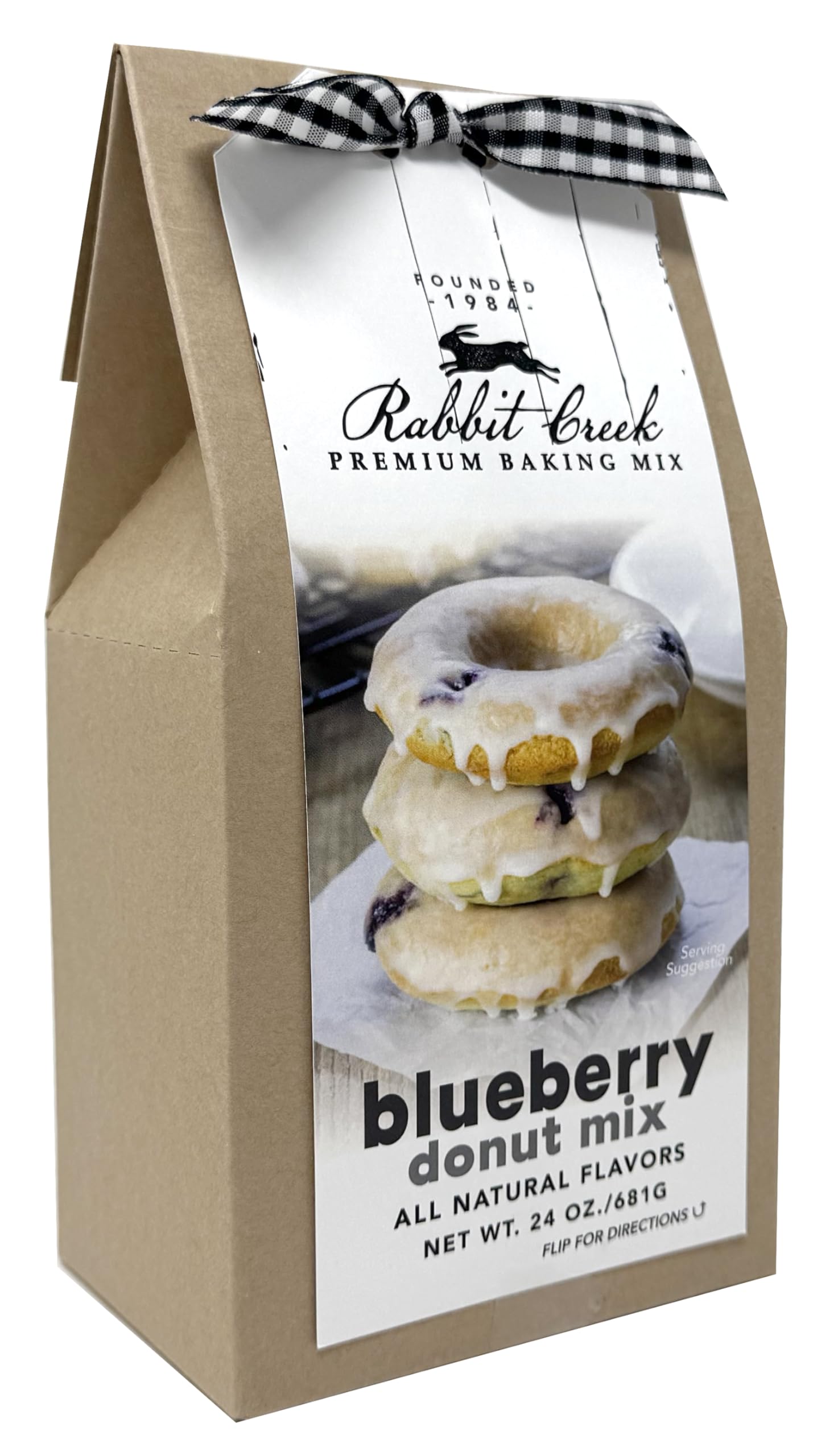 Rabbit Creek front packaging showing blueberry donut mix and included glaze, clear instructions