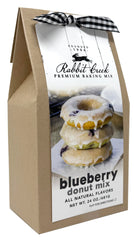 Rabbit Creek front packaging showing blueberry donut mix and included glaze, clear instructions