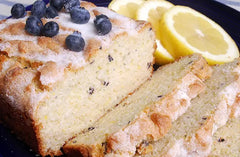 Rabbit Creek sliced baked lemon blueberry loaf showing moist crumb and berries