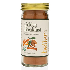 Rachel Beller's jar front view showing Golden Breakfast organic spice blend for flavor