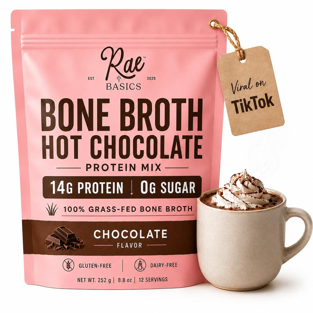 Rae Basics front packaging showing starter cup and chocolate benefit