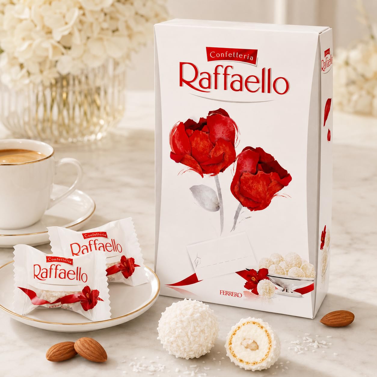 Raffaello close-up of creamy filling and shredded coconut showing texture appeal