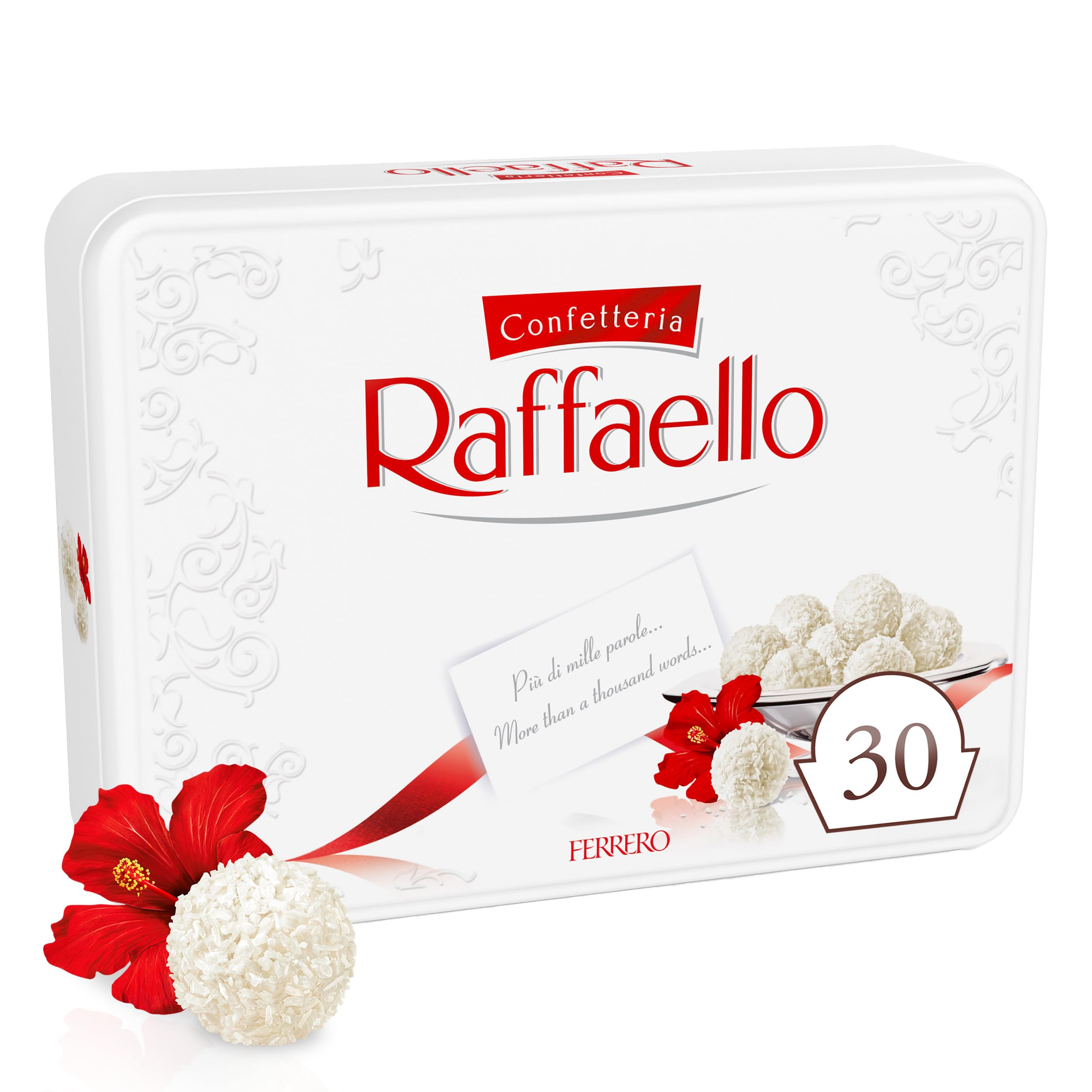 Raffaello metal tin front showing premium packaging and elegant gift appeal