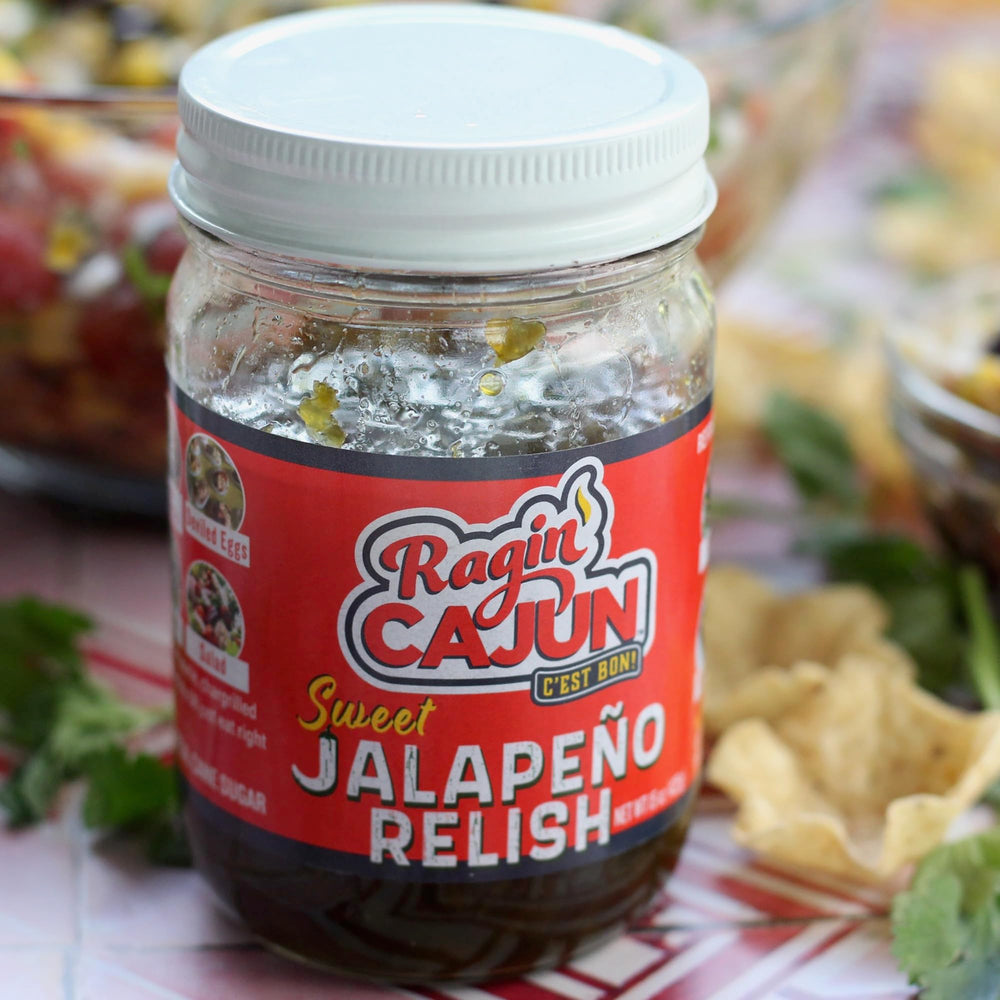 Ragin' Cajun jar on kitchen counter lifestyle, brand relish convenient for home cooking