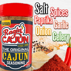 Ragin' Cajun being poured on shrimp for flavorful seafood results