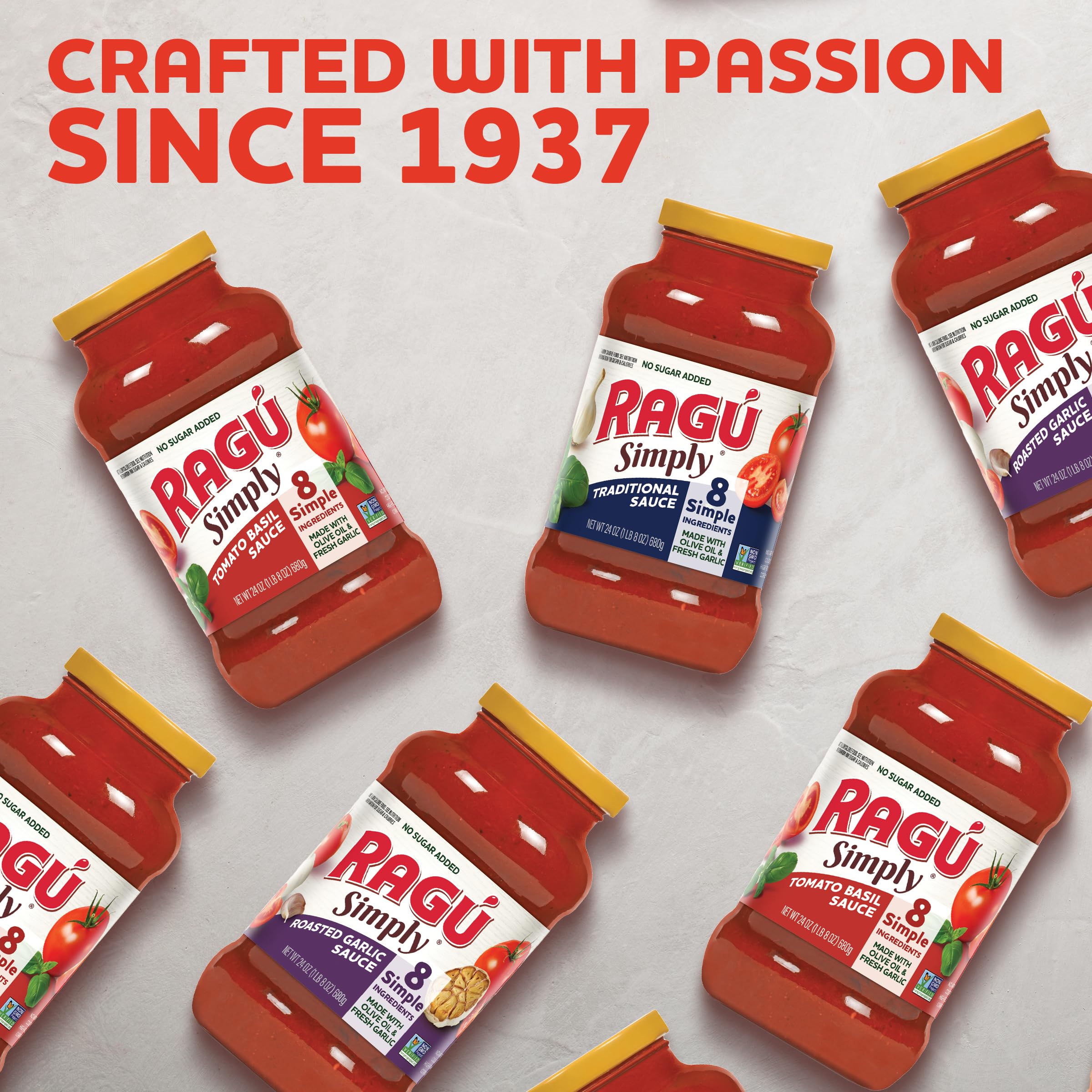 RAGÚ ingredients flatlay with tomatoes, garlic and basil illustrating simple recipe benefits