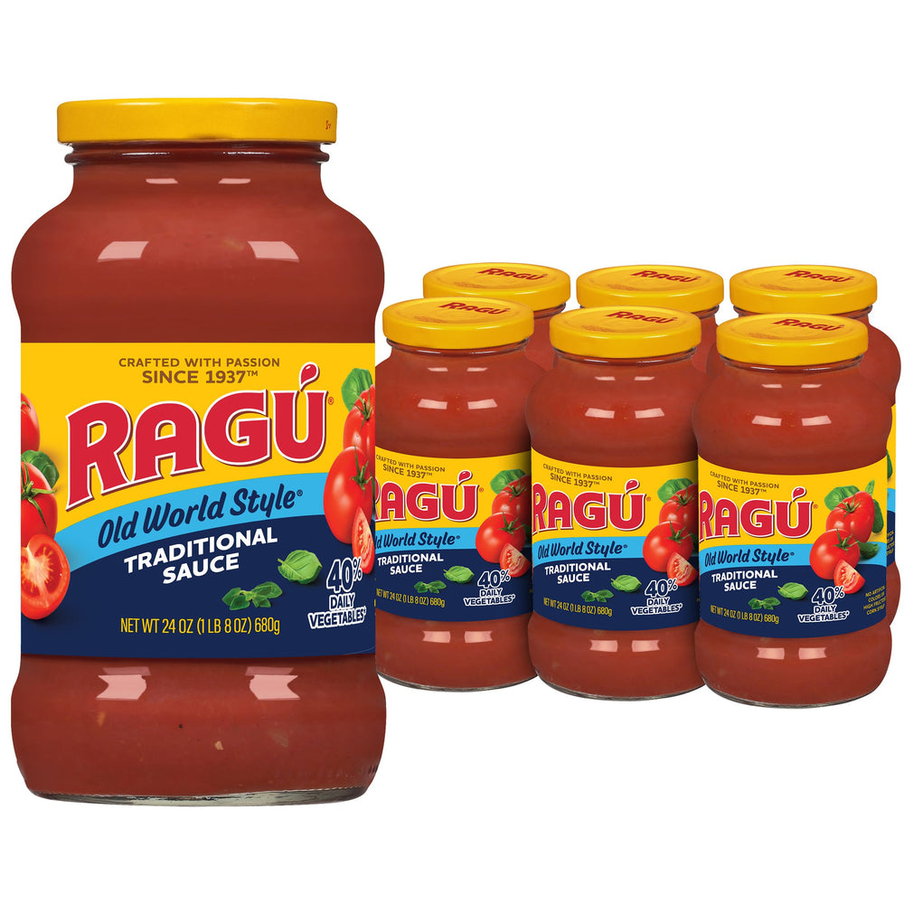 RAGÚ jar front view showing label and recognizable brand for easy pantry selection