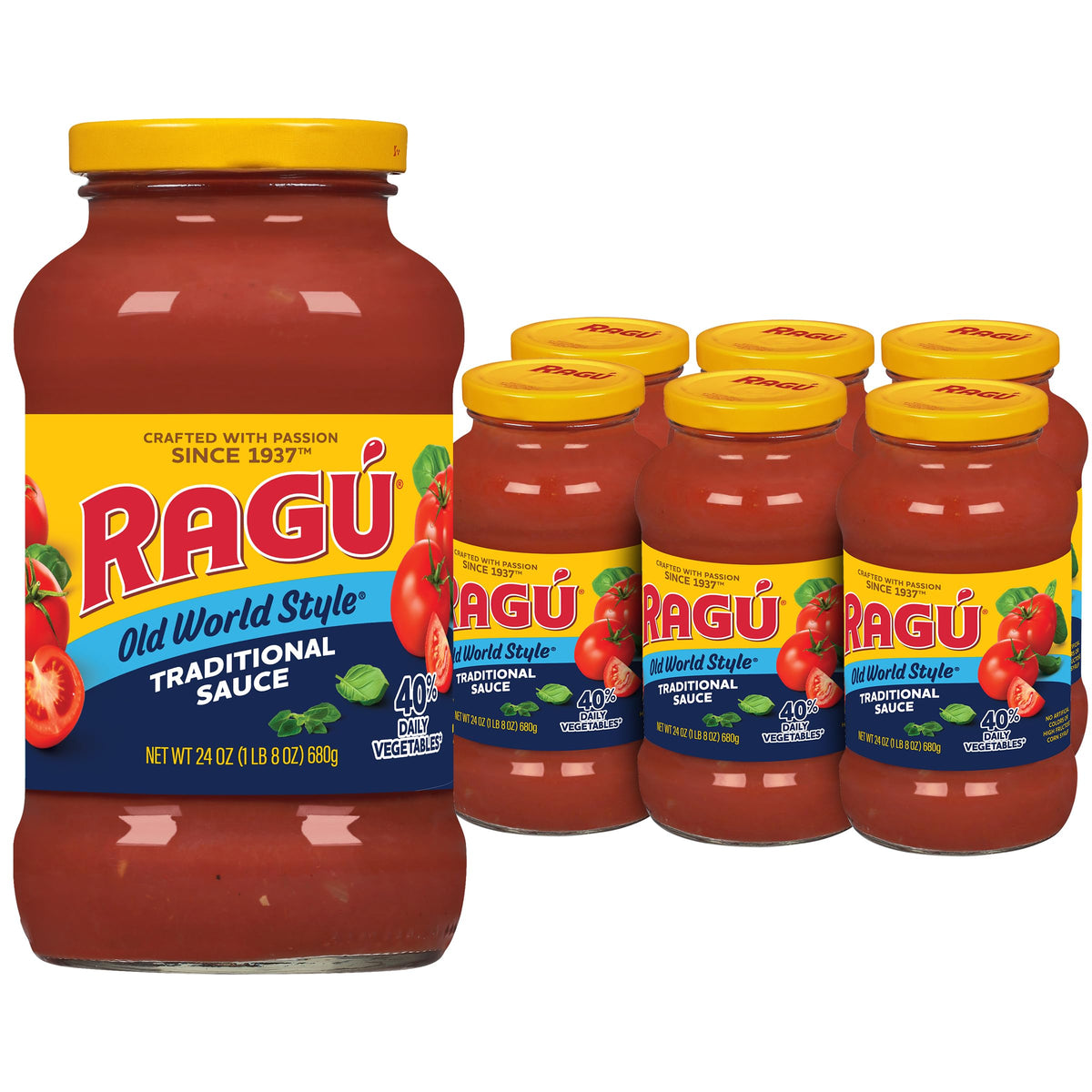 RAGÚ jar front view showing label and recognizable brand for easy pantry selection