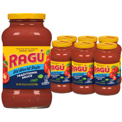 RAGÚ jar front view showing label and recognizable brand for easy pantry selection