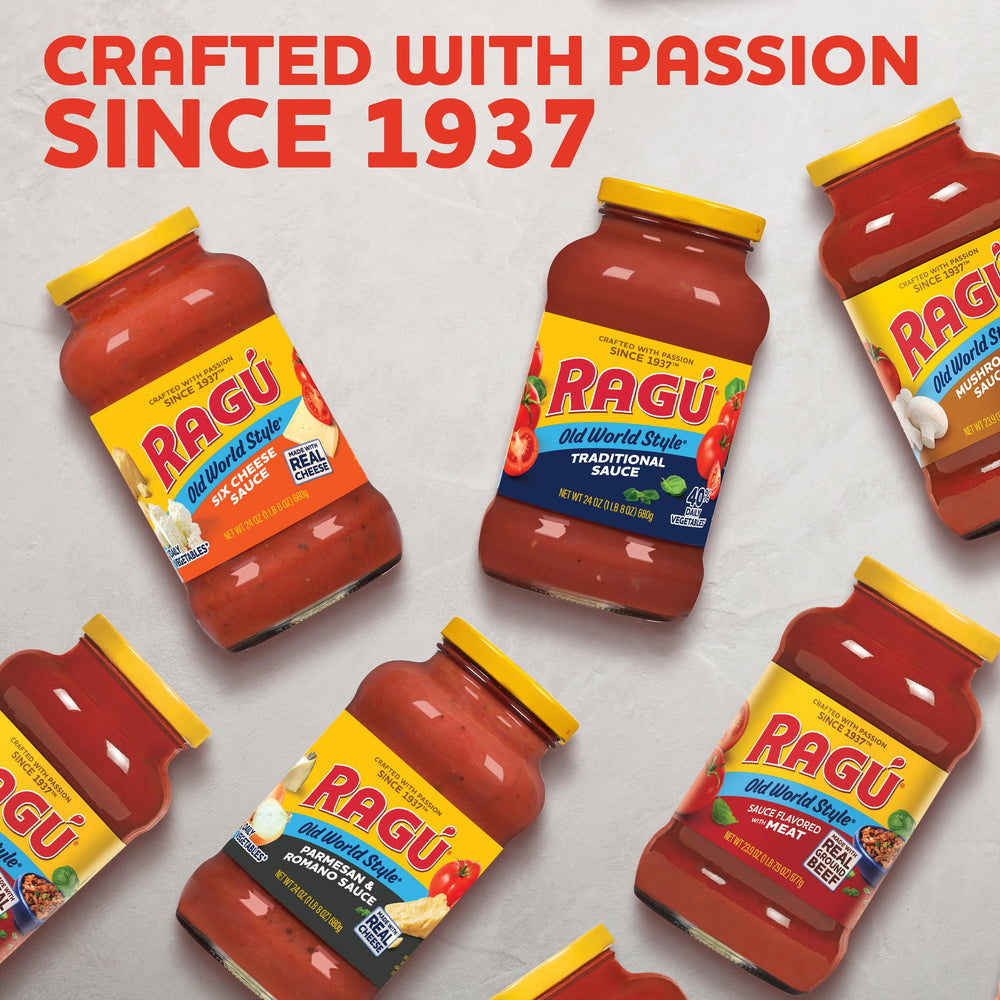 RAGÚ jar next to ruler to show 24 oz size and help visualize portioning
