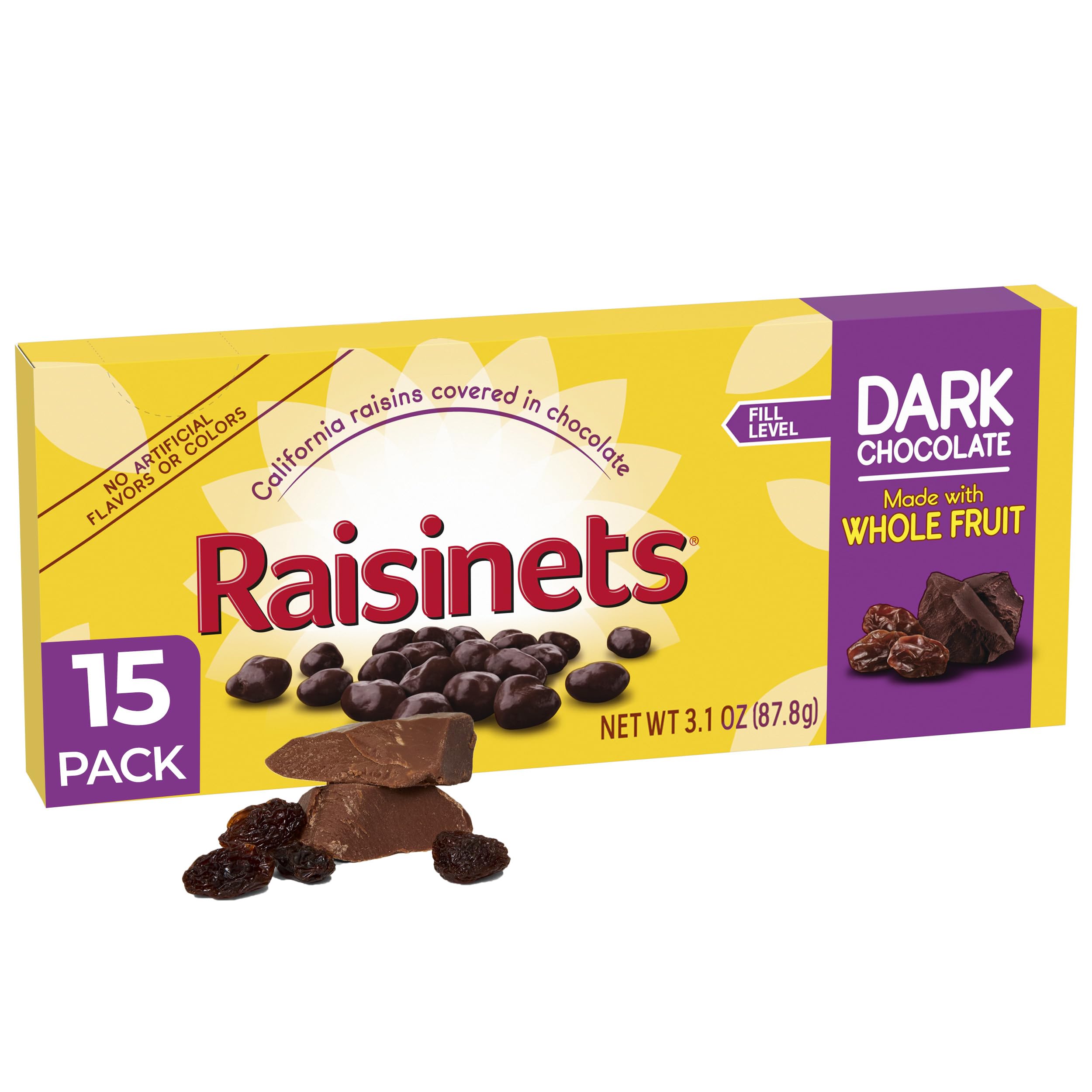 Raisinets front box showing branding and dark chocolate coating benefit