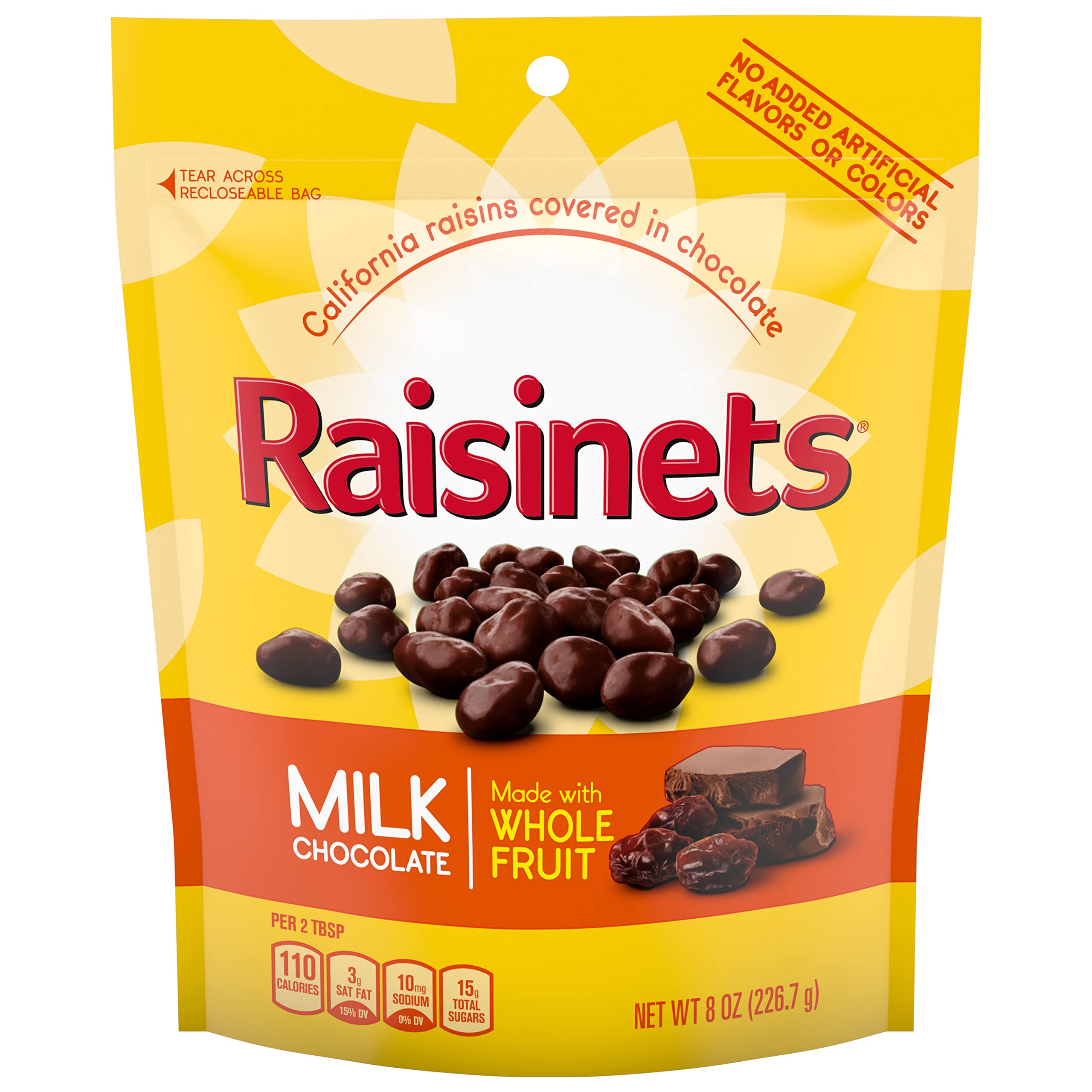 Raisinets front packaging showing resealable bag and brand taste advantage