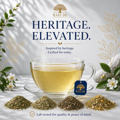 Raiz DE brewed cup steaming, offering gentle daytime energy and flavor