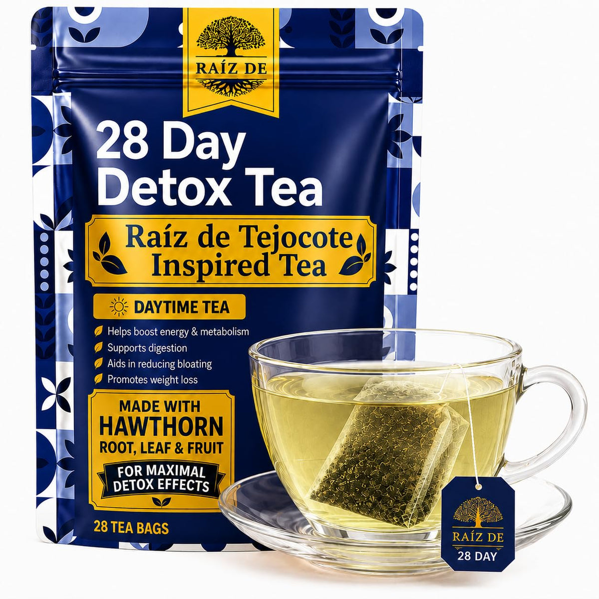 Raiz DE front box showing 28-day herbal tea for easy routine support